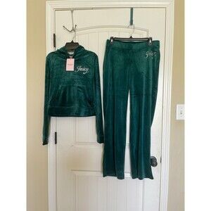 NWT JUICY COUTURE Size S Velour  Bling Tracksuit Hoodie Pants Set Evergreen